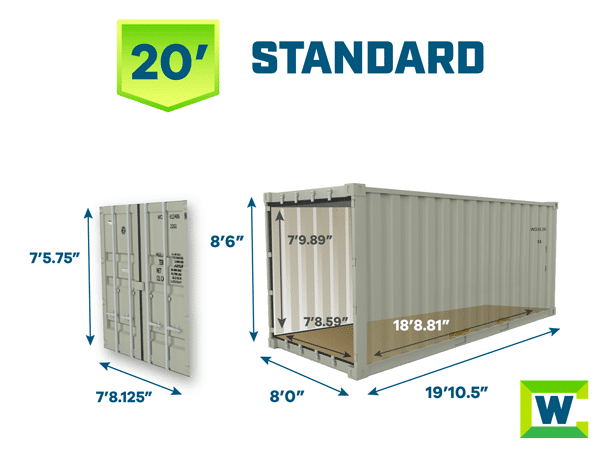 20-foot standard shipping container dimensions: exterior 19 feet 10.5 inches long, 8 feet wide, and 8 feet 6 inches high; interior 18 feet 8.81 inches long, 7 feet 8.59 inches wide, and 7 feet 9.89 inches high; door opening 7 feet 8.125 inches wide by 7 feet 5.75 inches high.