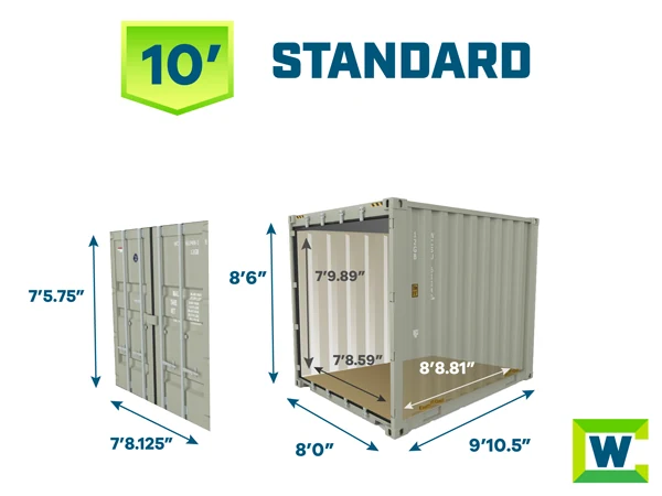 10-foot standard shipping container exterior and interior dimensions diagram