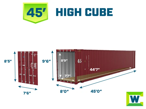 45-foot high cube shipping container exterior and interior dimensions diagram