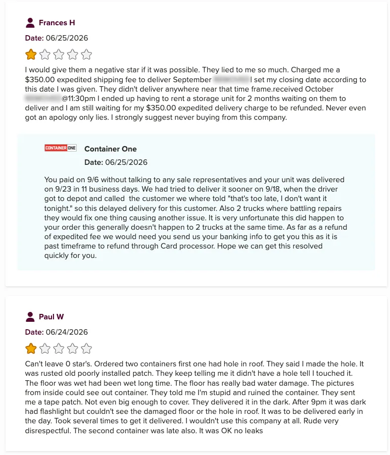 Customer reviews describing late delivery, roof leaks, and poor follow-up from Container One