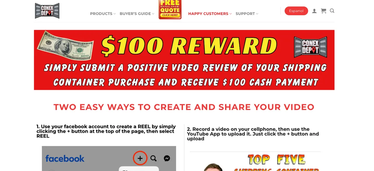 Conex Depot webpage offering $100 cash for a positive video review