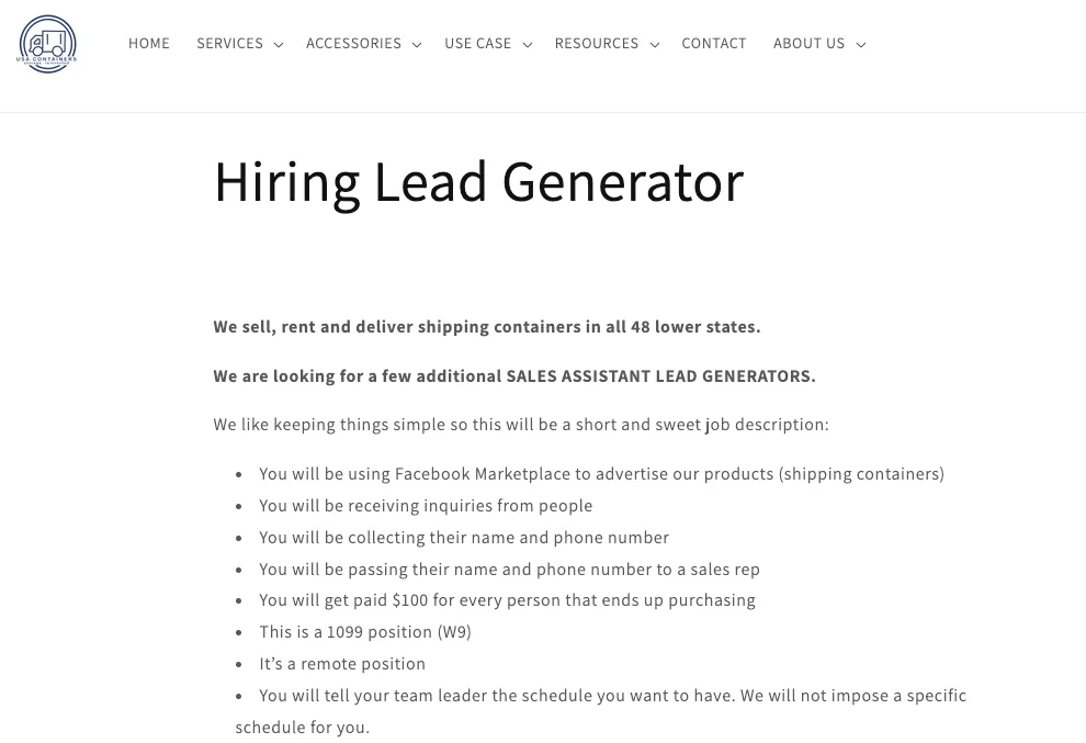 USA Containers job posting for Facebook Marketplace lead generators paid $100 per sale