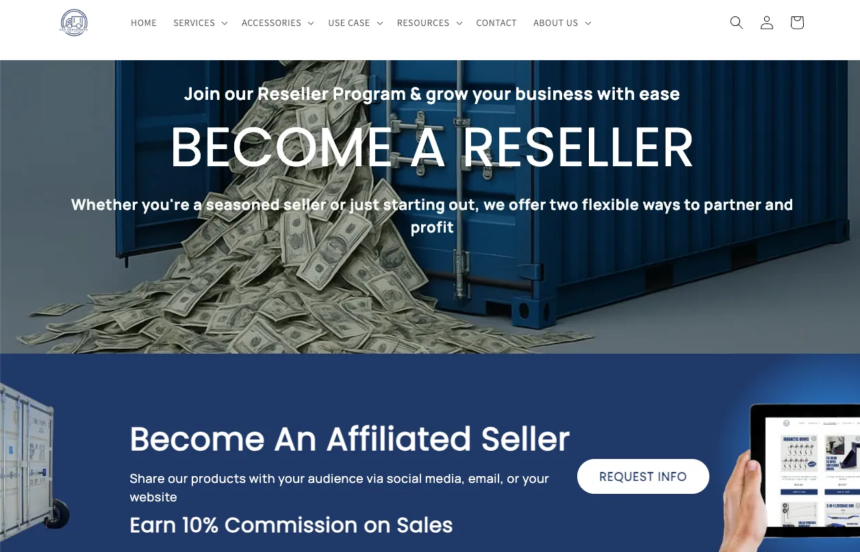 USA Containers reseller program page advertising 10 percent commission on sales