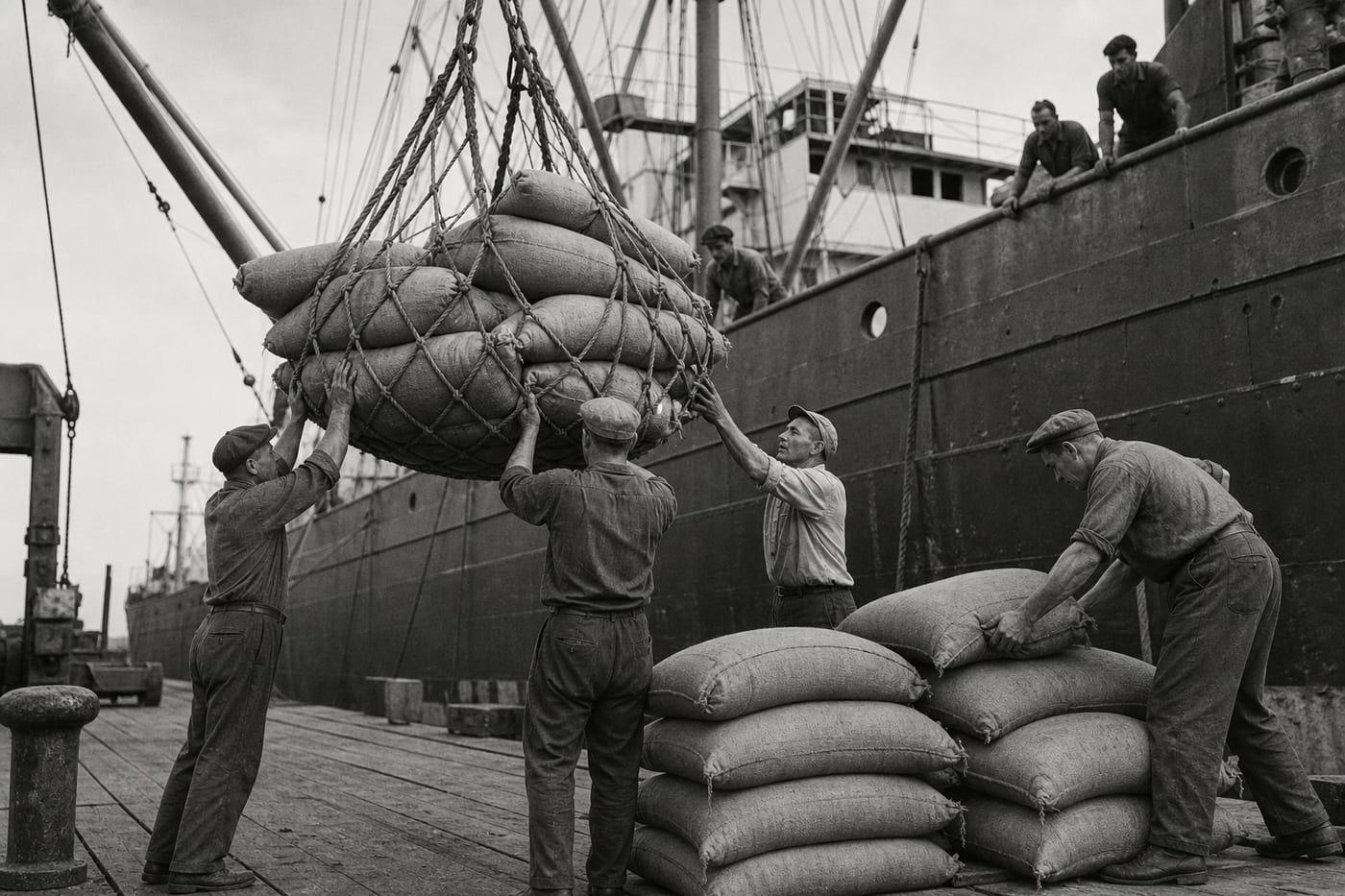 Dock workers loading sacks onto a cargo ship by hand before containerization.